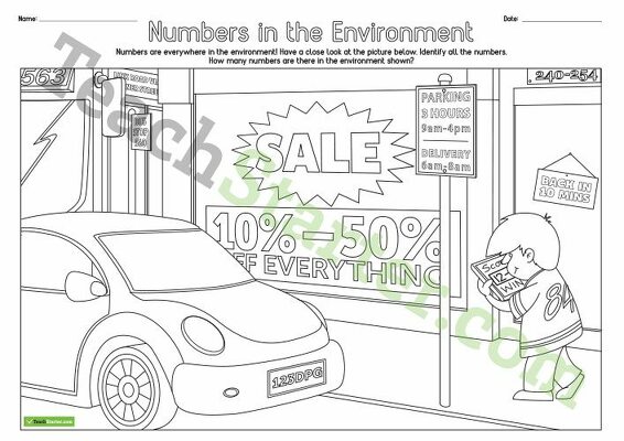 Numbers in the Environment - Number Hunt Worksheet teaching resource