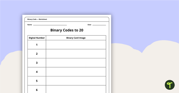 Go to Binary Codes to 20 without Guide Dots - Worksheet teaching resource