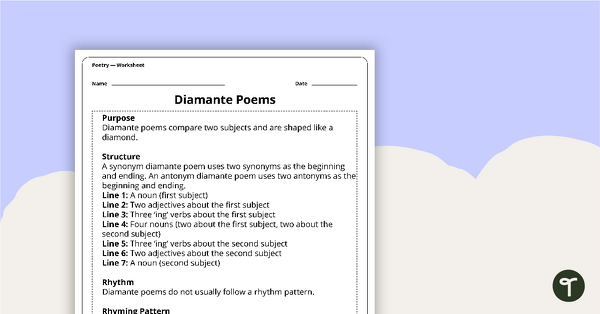 Writing a Diamante Poem Worksheet teaching resource