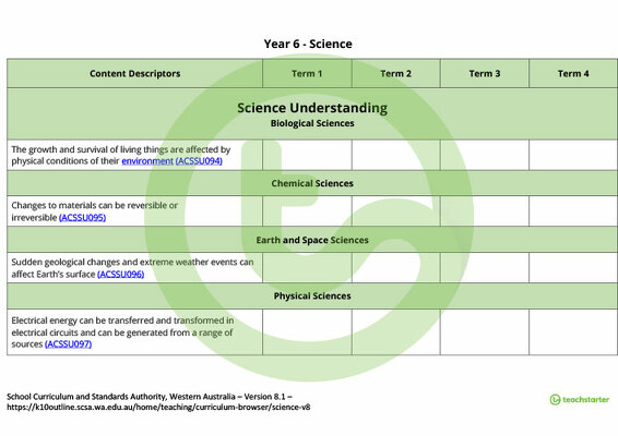 Science Term Tracker (WA Curriculum) - Year 6 teaching resource