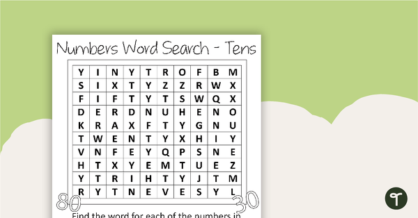 Go to Tens (Numbers and Words) Word Search with Answers teaching resource
