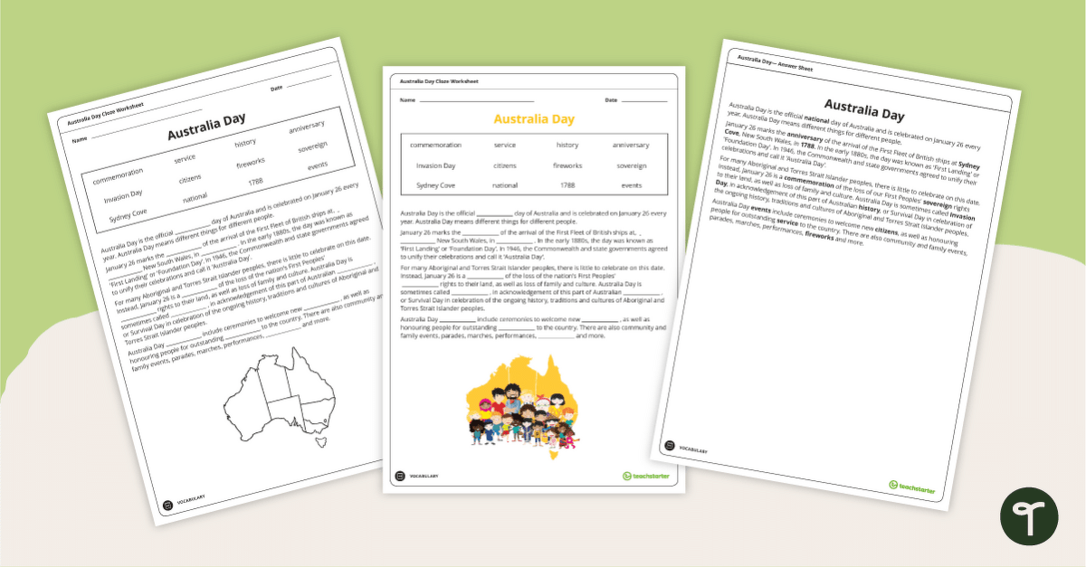 Australia Day Cloze Worksheet teaching resource