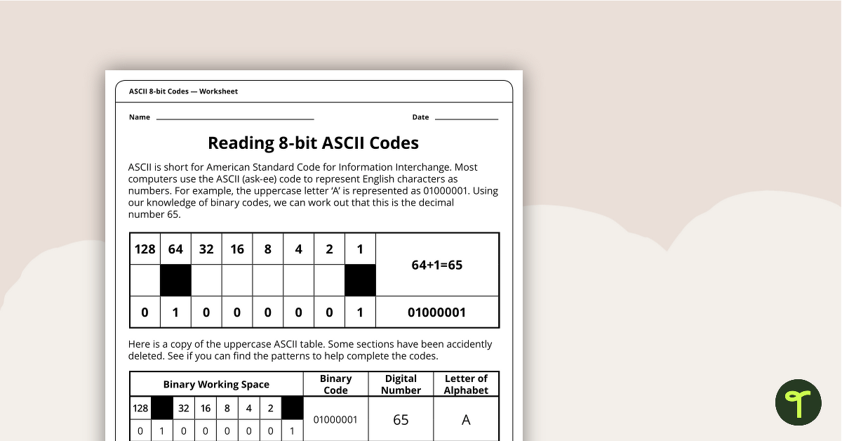 Reading 8-bit ASCII Codes - Worksheet teaching resource