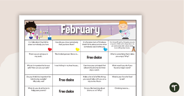 February Writing Prompts - Lower Elementary teaching resource