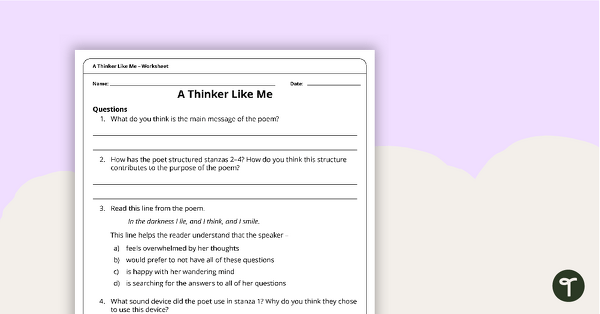 A Thinker Like Me Poem - Comprehension Worksheet teaching resource