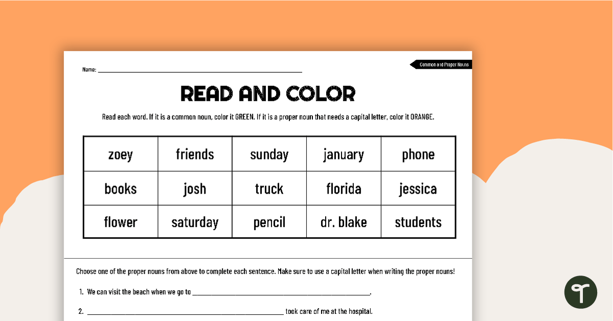 Read and Color Worksheet - Common and Proper Nouns teaching resource