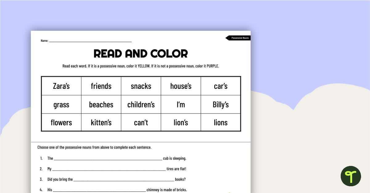 Read and Color Worksheet - Possessive Nouns teaching resource