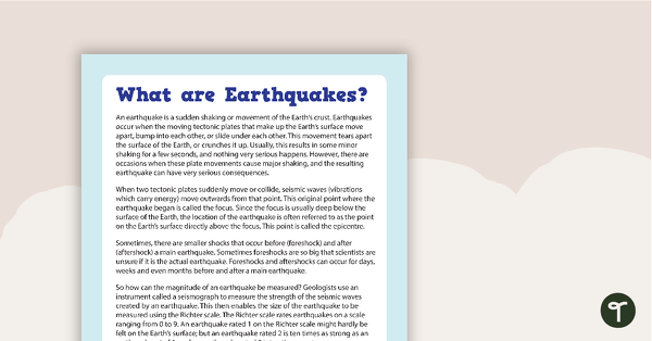 Go to Comprehension - What are Earthquakes? teaching resource