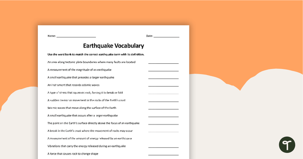 Go to Earthquake - Vocabulary Worksheet teaching resource