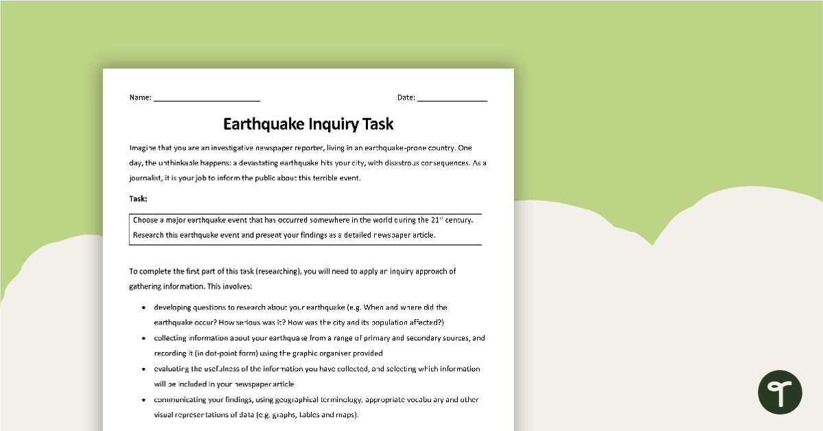 Earthquake Inquiry Task - Newspaper Report teaching resource
