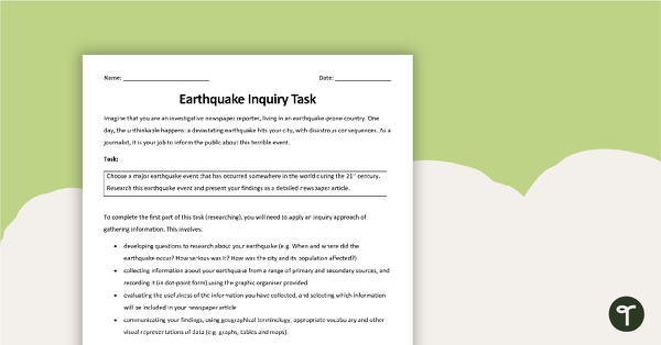 Go to Earthquake Inquiry Task - Newspaper Report teaching resource