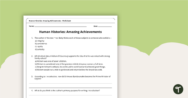Human Histories: Amazing Achievements - Comprehension Worksheet teaching resource