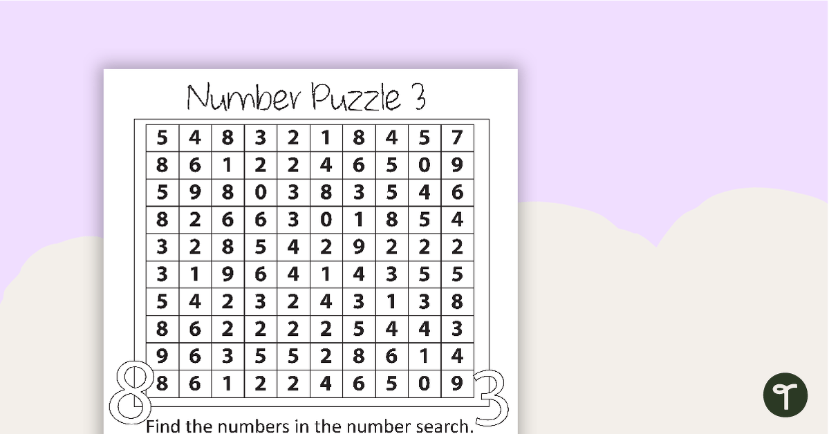 Number Wordsearch with Solution - 3 teaching resource