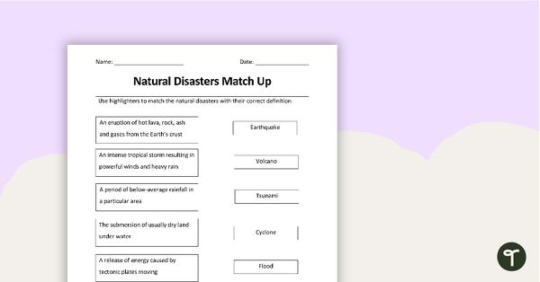 Image of Natural Disasters Match-Up Worksheet
