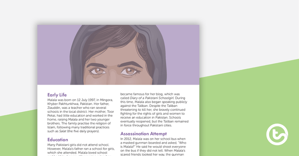 Malala Yousafzai Biography – Read and Respond Worksheet teaching resource