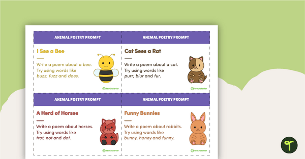 Animal Poetry Prompts Task Cards for Year 1 and Year 2 teaching resource