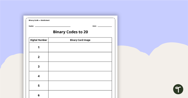 Go to Binary Codes to 20 without Guide Dots - Worksheet teaching resource
