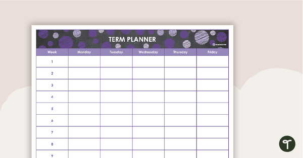 Go to Editable Purple Chalkboard Themed 9, 10 and 11 Week Term Planners teaching resource