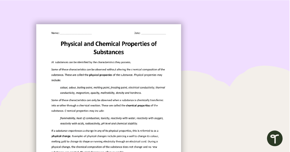 Physical and Chemical Properties of Substances Worksheet teaching resource