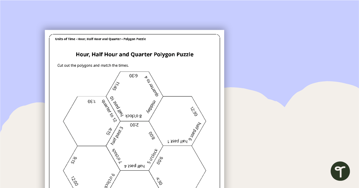 Hour, Half Hour and Quarter Time Polygon Puzzle teaching resource