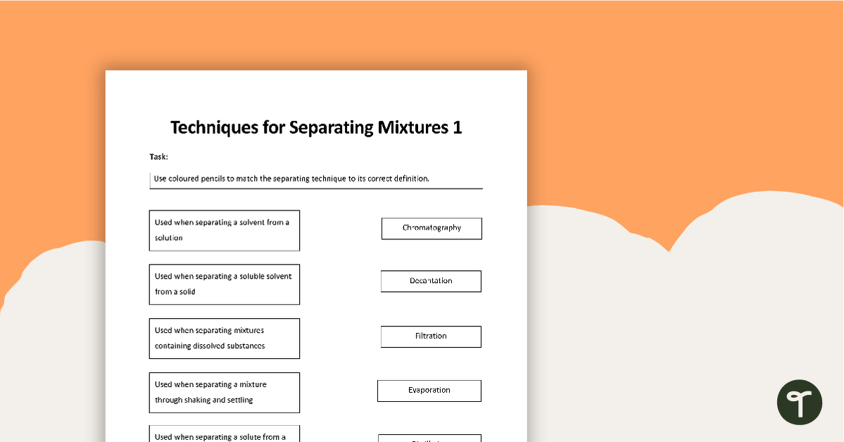Techniques for Separating Mixtures - Worksheet teaching resource