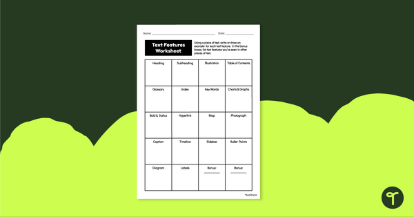 Text Features Worksheet teaching resource