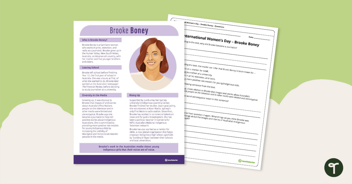 Inspirational Woman Profile: Brooke Boney – Comprehension Worksheet teaching resource