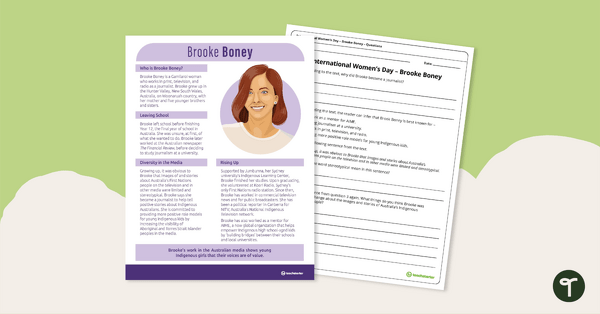 励志女人的预览图像：布鲁克·博尼（Brooke Boney） - 理解工作表 - 教学资源