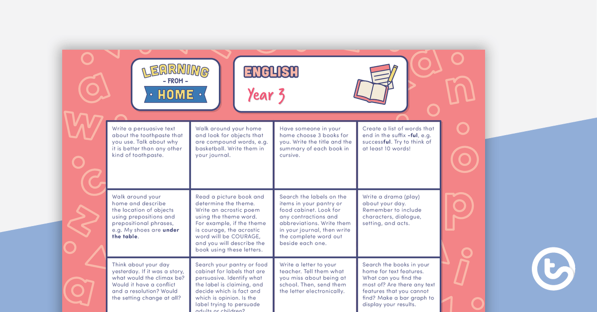Year 3 – Week 1 Learning from Home Activity Grids teaching resource