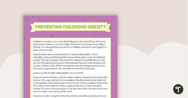 Comprehension - Preventing Childhood Obesity teaching resource