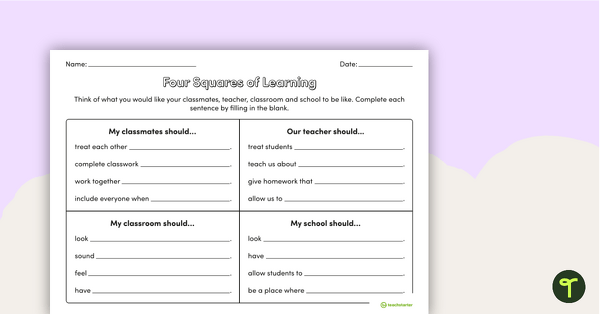 Four Squares of Learning - A Getting to Know You Worksheet teaching resource