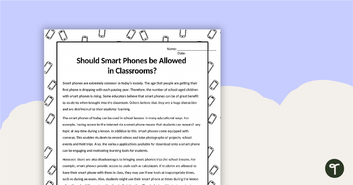 Comprehension - Should Smart Phones be Allowed in Classrooms? teaching resource