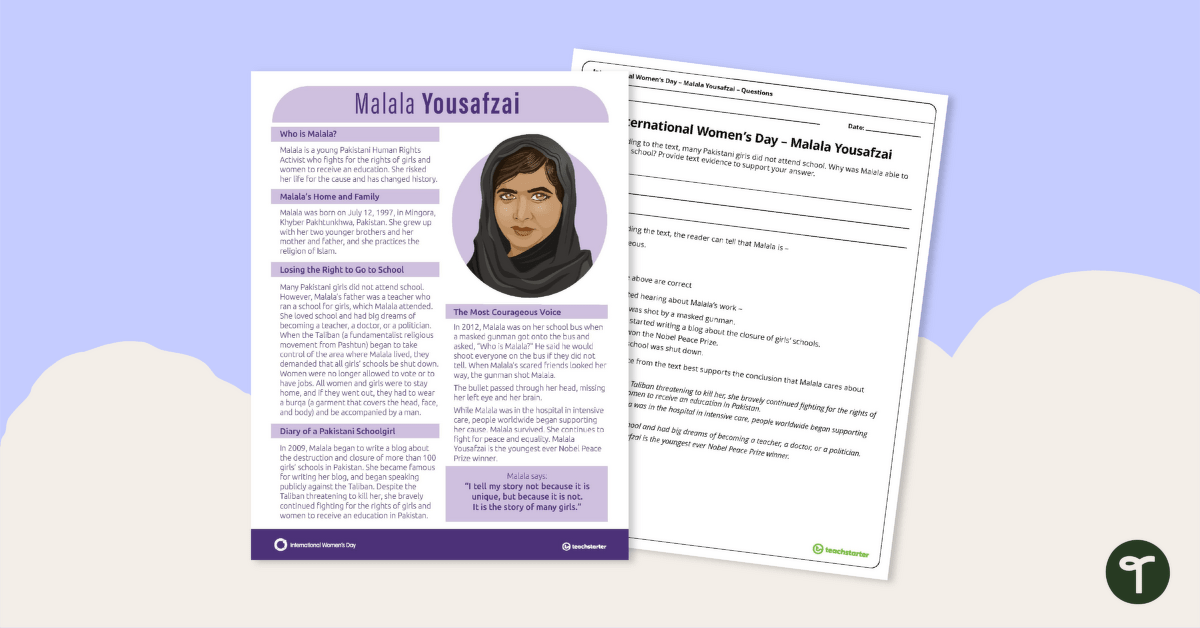 Inspirational Woman Profile: Malala Yousafzai – Comprehension Worksheet teaching resource