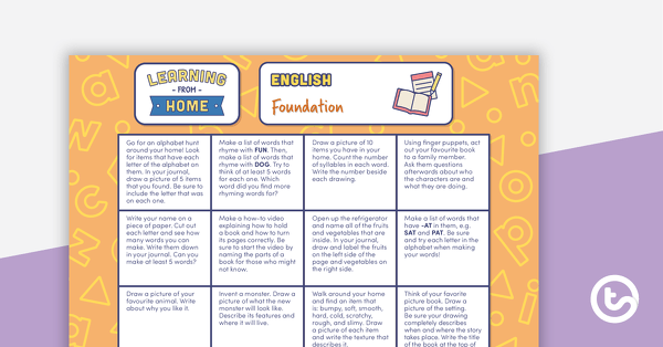 Foundation – Week 1 Learning from Home Activity Grids teaching resource