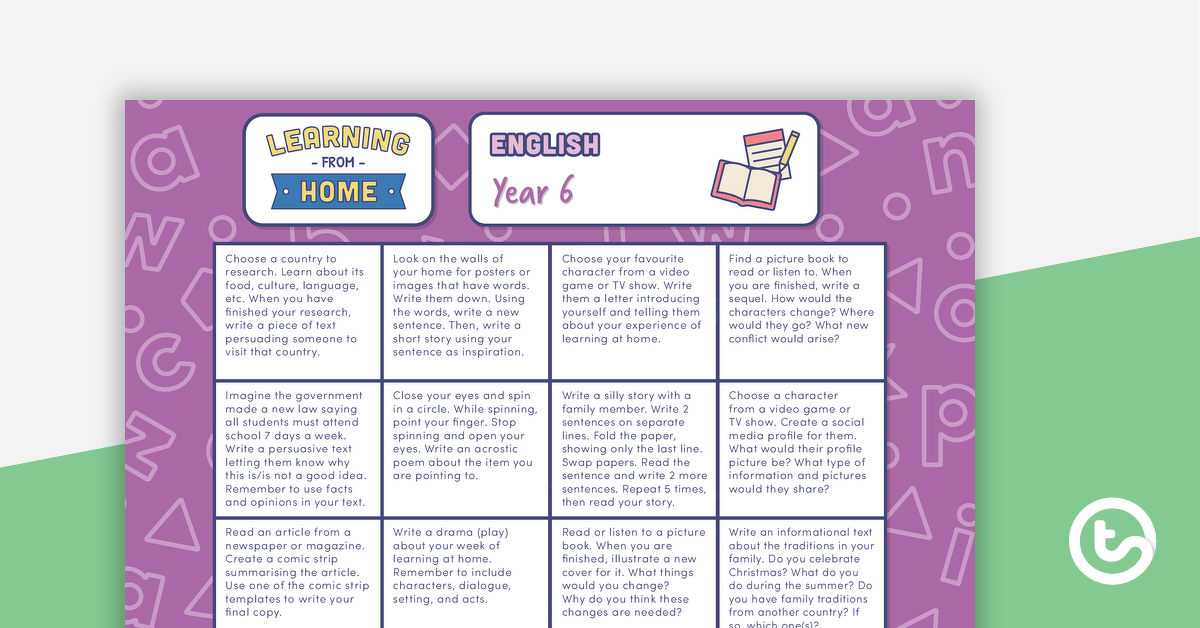 Year 6 – Week 1 Learning from Home Activity Grids teaching resource