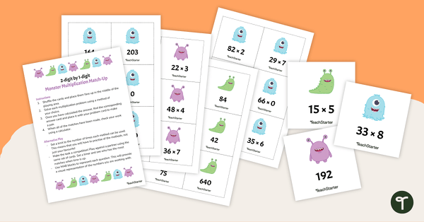 Monster Multiplication Match-Up (2-digit by 1-digit) teaching resource