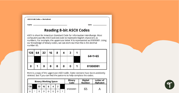 Go to Reading 8-bit ASCII Codes - Worksheet teaching resource
