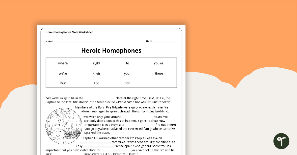 Heroic Homophones Cloze Worksheet teaching resource