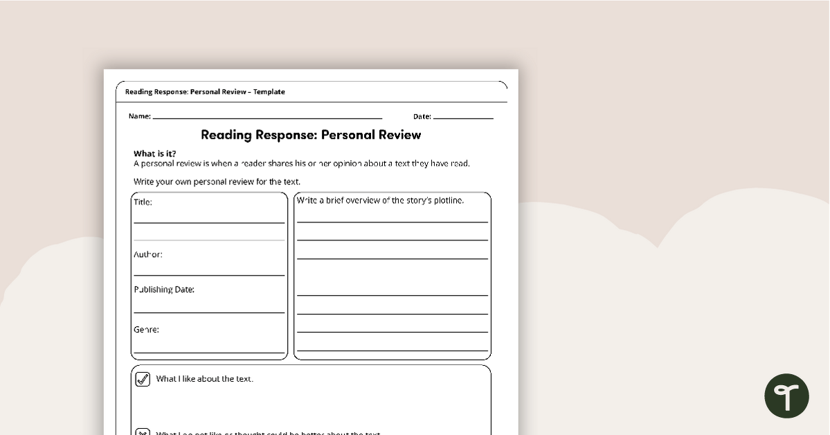 Reading Response Template - Personal Review teaching resource