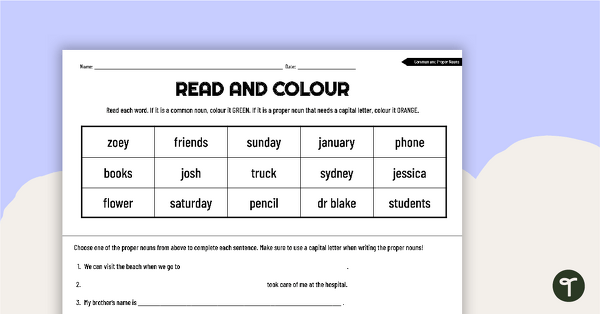 Go to Read and Colour Worksheet – Common and Proper Nouns teaching resource