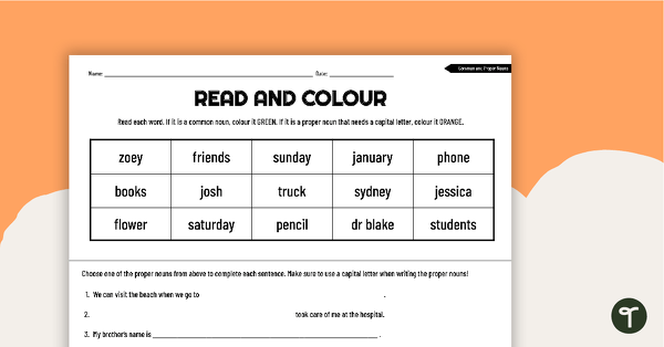 去阅读和色彩工作表——常见的和专有名词的教学资源