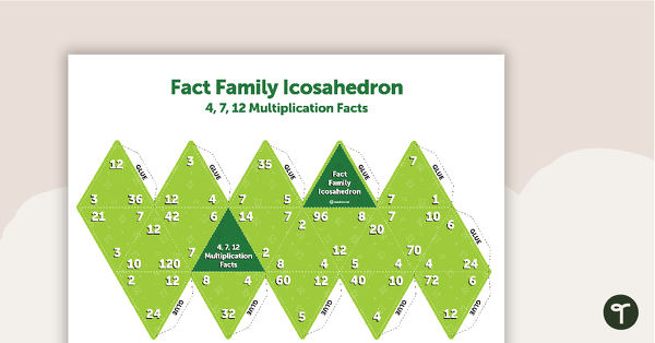 Fact Family Icosahedron (4, 7, 12 Multiplication and Division Facts) teaching resource