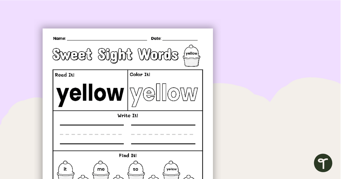 Sweet Sight Words Worksheet - YELLOW teaching resource