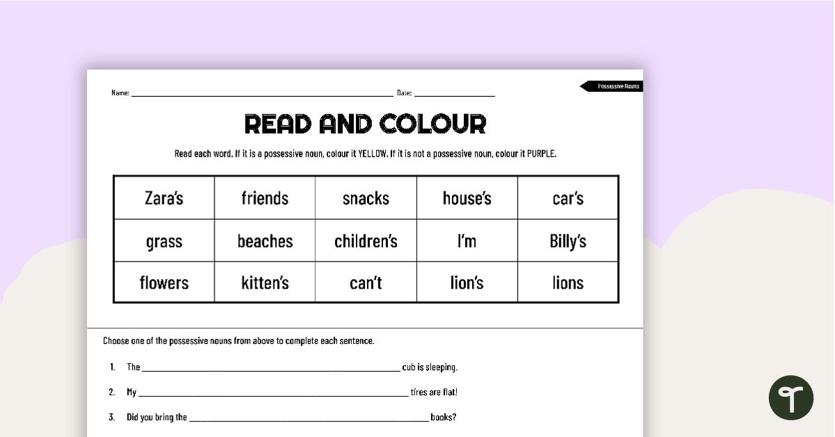 Read and Colour Worksheet – Possessive Nouns teaching resource