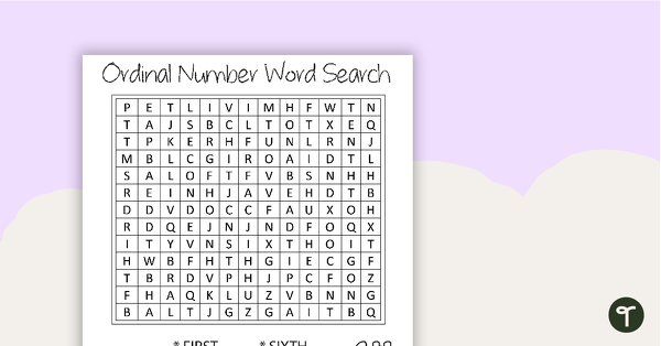 Ordinal Number Word Search with Solution teaching resource