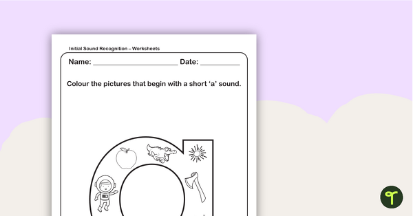 Initial Sound Recognition Worksheet (Lower Case) – Letter a teaching resource