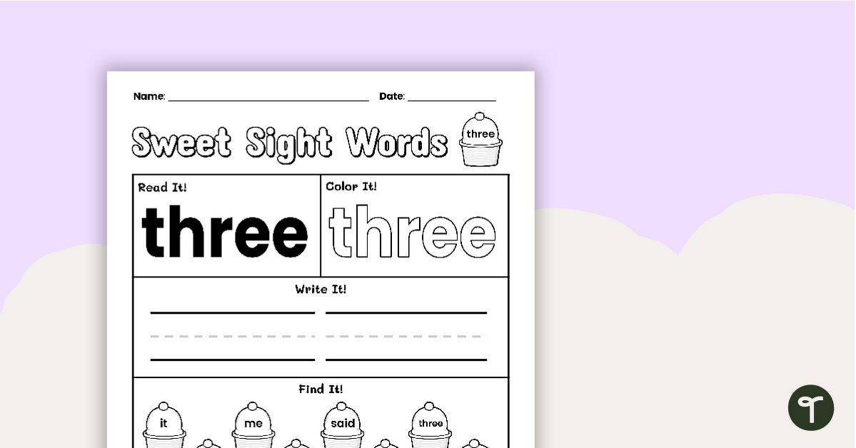 Sweet Sight Words Worksheet - THREE teaching resource