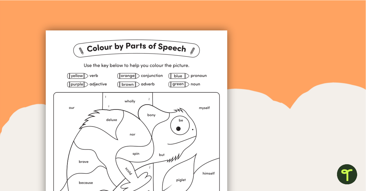 Colour by Parts of Speech Chameleon Worksheet (Nouns, Verbs, Adjectives, Adverbs, Conjunctions and Pronouns) teaching resource