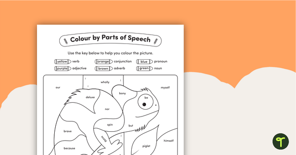 Colour by Parts of Speech - Nouns, Verbs, Adjectives, Adverbs, Conjunctions and Pronouns - Chameleon teaching resource