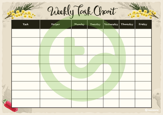 Native Australian Flora and Fauna - Weekly Task Chart teaching resource